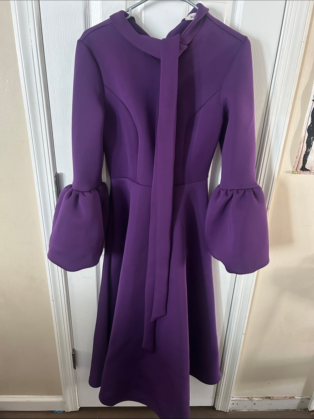 Women’s Purple Tie-Neck Long Sleeve A-Line Dress